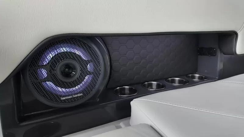 Slide: The Image of Close-up of a speaker with LED lighting and cup holders in a modern boat. - 44