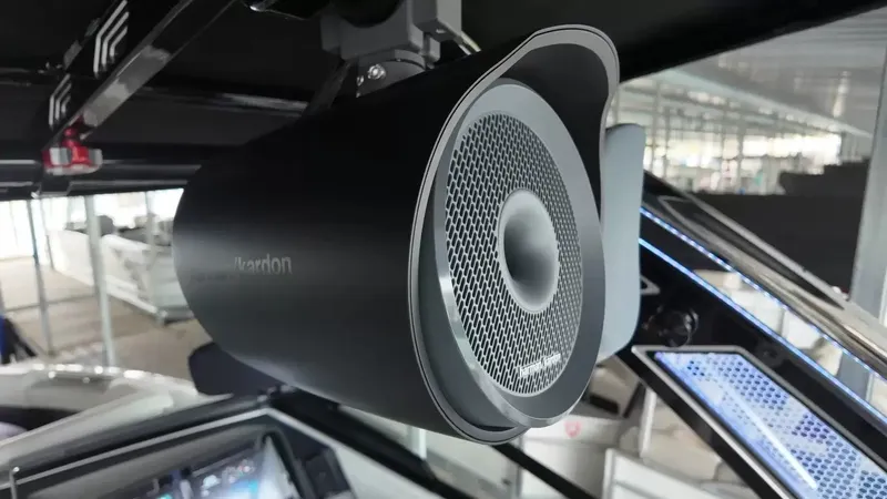 Slide: The Image of Close-up of a speaker on a 2026 Cobalt R4 Surf boat. - 39