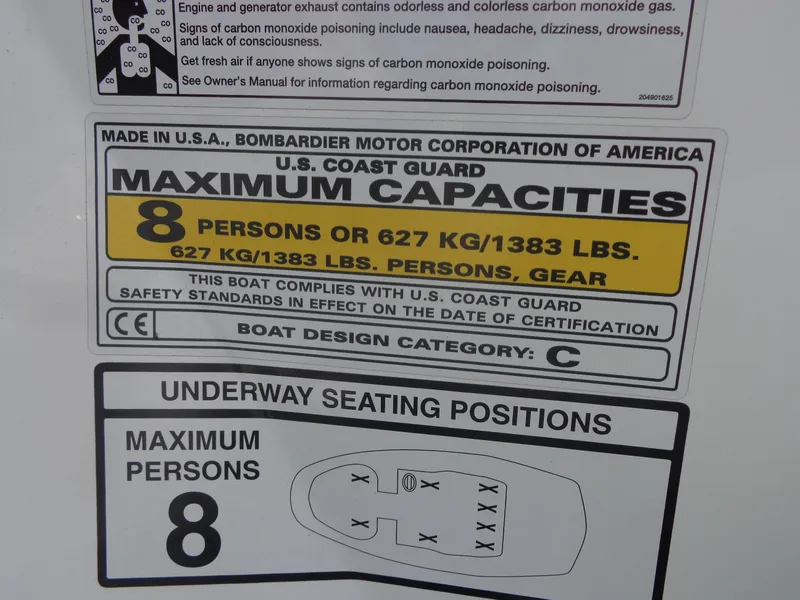 Slide: The Image of Sign on a boat indicating a maximum capacity of 8 persons or 627 kg. Includes safety information. - 13