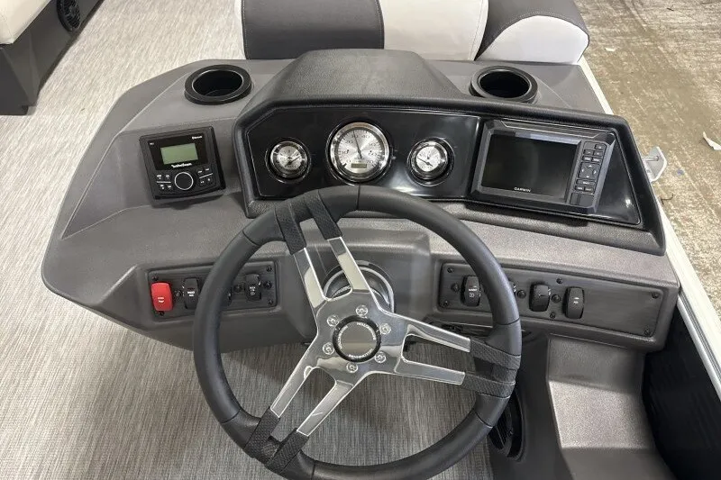 Slide: The Image of Dashboard of 2027 Bennington S1 20 Cruise boat with steering wheel and gauges. - 16