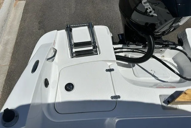 Slide: The Image of 2027 Tahoe 2150 boat stern with ladder and Mercury outboard motor. - 19