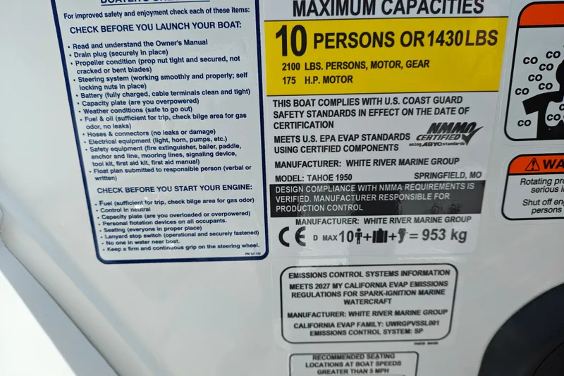 Slide: The Image of Boat safety and capacity label for Tahoe 1950, 2027 model, detailing compliance and specifications. - 125