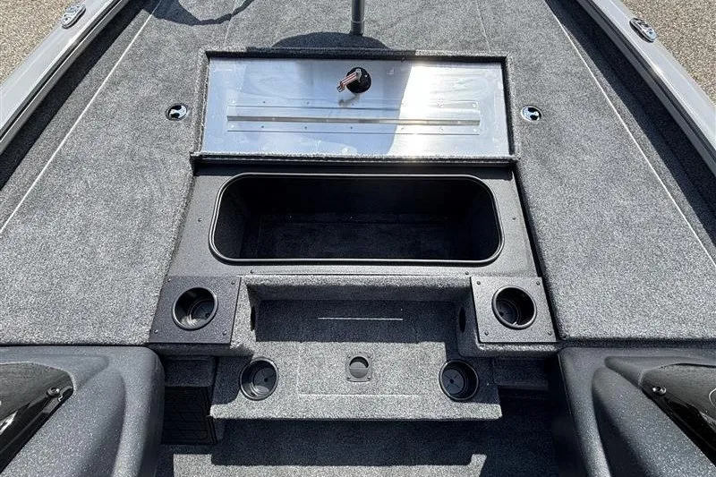 Slide: The Image of Interior view of 2027 Tracker Pro Team 195 boat, featuring storage compartments. - 14