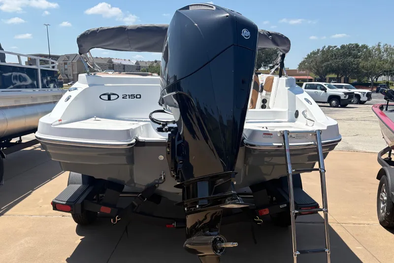 Slide: The Image of 2027 Tahoe 2150 boat with outboard motor and ladder, parked on a trailer. - 4