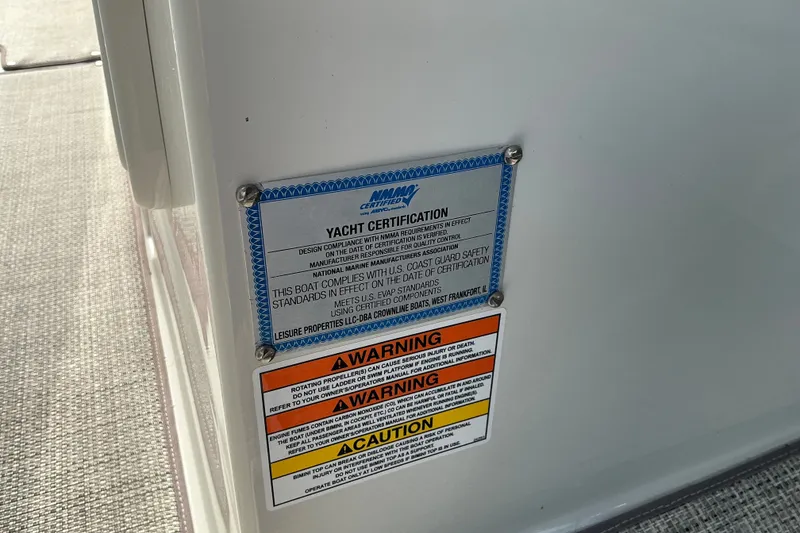 Slide: The Image of Yacht certification and safety warnings on a 2020 Crownline 290 SS boat. - 8