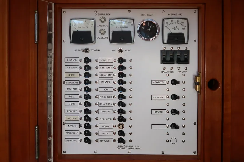 Slide: The Image of Electrical control panel of a 1987 Hinckley Sou'wester 42 sailboat, featuring gauges and switches. - 45
