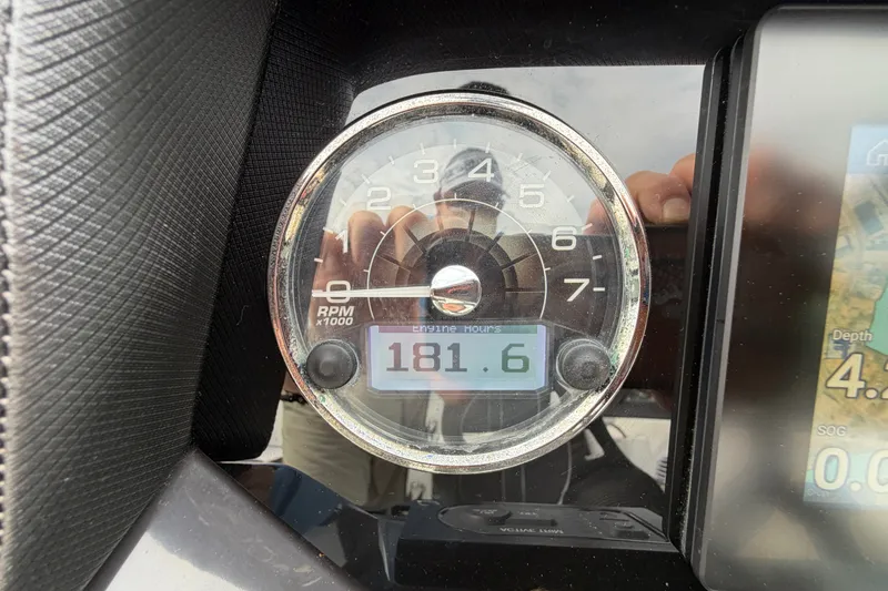 Slide: The Image of Close-up of a 2021 Monterey M-45 tachometer displaying 181.6 engine hours. - 36
