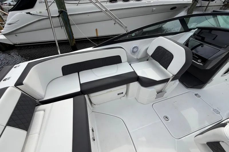 Slide: The Image of 2021 Monterey M-45 boat interior with sleek seating and modern design. - 23