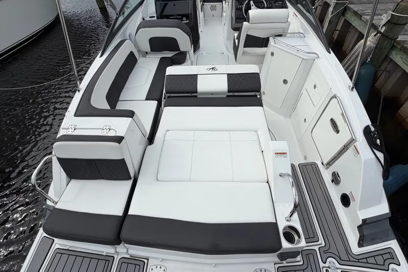 Slide: The Image of Luxurious 2021 Monterey M-45 boat interior with sleek seating and modern design. - 17