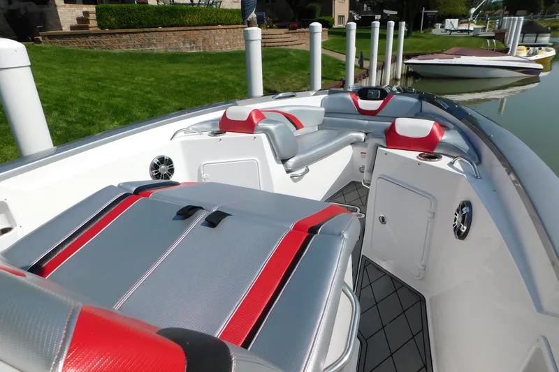 Slide: The Image of 2017 Sunsation 32 CCX boat interior with sleek seating and modern design. - 15