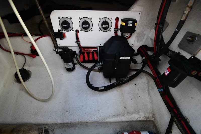 Slide: The Image of Electrical components and wiring inside a 2017 Sunsation 32 CCX boat. - 30
