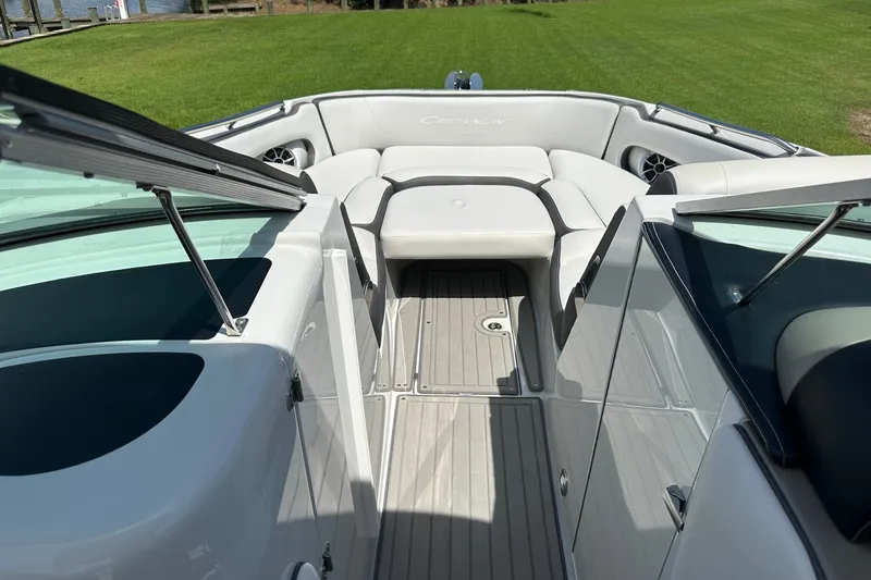 Slide: The Image of 2021 Crownline Eclipse E305 XS boat interior with sleek seating and modern design. - 36