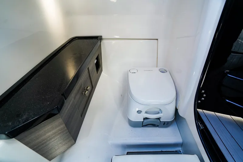 Slide: The Image of 2025 Yamaha Boats 275SD interior with compact marine toilet and storage cabinet. - 16