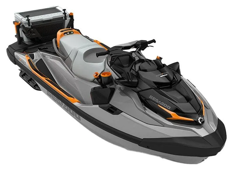 Slide: The Image of A 2023 Sea-Doo FishPro Trophy 170 iDF iBR with Tech Package. It features a sporty design with gray and orange accents. - 17