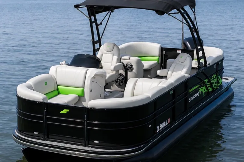 The Image of 2018 Starcraft SLS 5 Q pontoon boat with stylish seating on calm water. - 1
