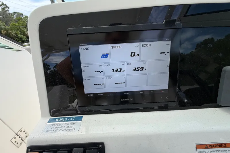 Slide: The Image of Garmin display on 2022 World Cat 230 DC boat showing speed and fuel data. - 41