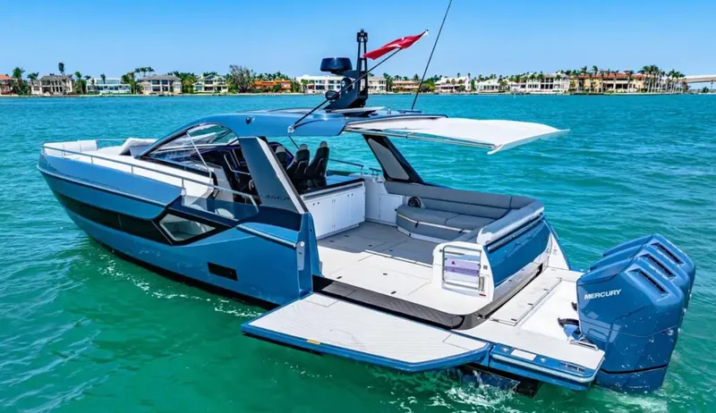 The Image of The 2025 Azimut Verve 48 is a sleek motorboat with an open deck and luxurious design. - 0