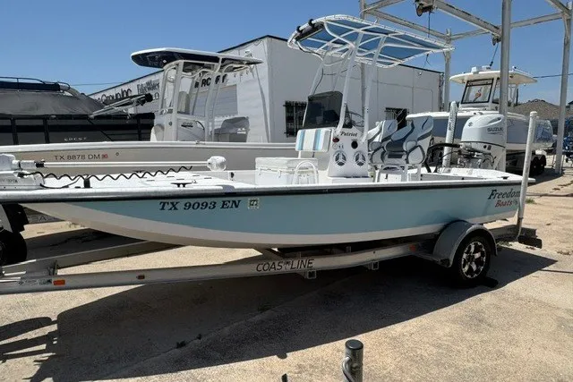 The Image of 2019 Freedom Boats 18' Patriot on trailer, light blue hull, parked outdoors. - 0