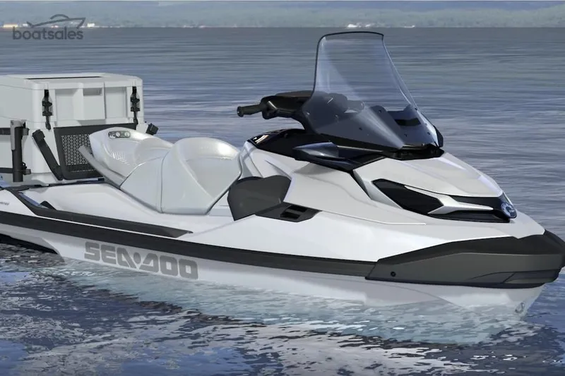 The Image of 2026 Sea-Doo GTX Limited 325 jet ski on calm water, featuring sleek design and storage box. - 0