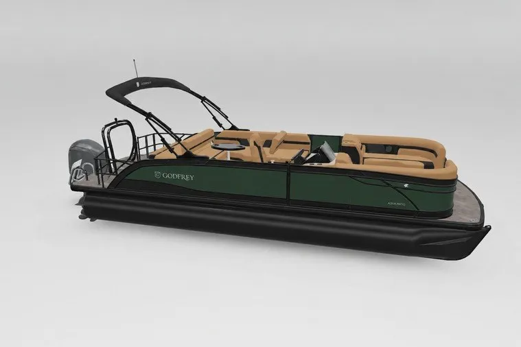 The Image of 2027 Godfrey Monaco 23' Tritoon with single flip lounge, sleek design, green and black color scheme. - 0