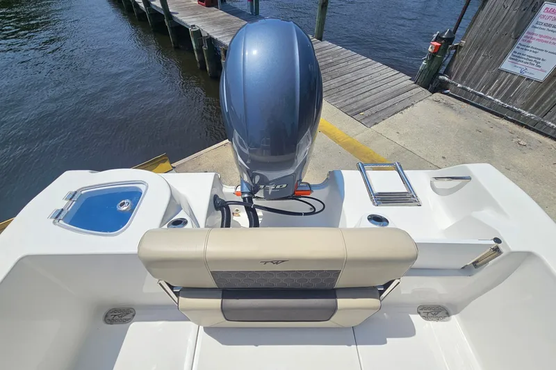 Slide: The Image of 2019 Tidewater 210 LXF boat with outboard motor at dockside. - 17