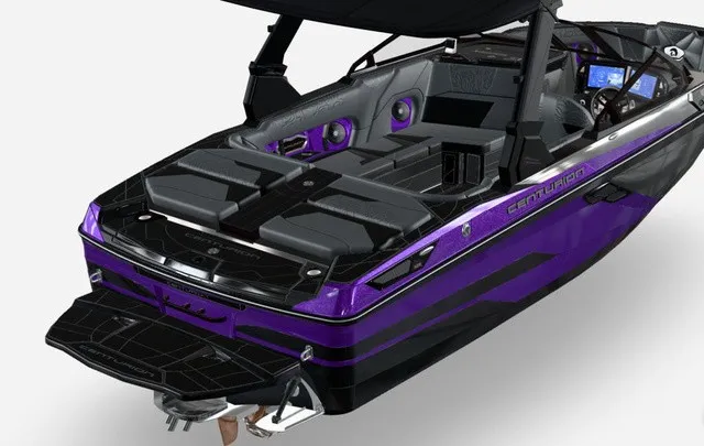 Slide: The Image of The image shows a 2027 Centurion Ri230 boat with purple and black accents. - 7