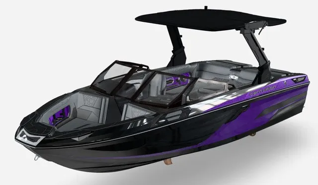 Slide: The Image of The image shows a modern Centurion Ri230 boat from 2027 with a sleek black and purple design. - 3