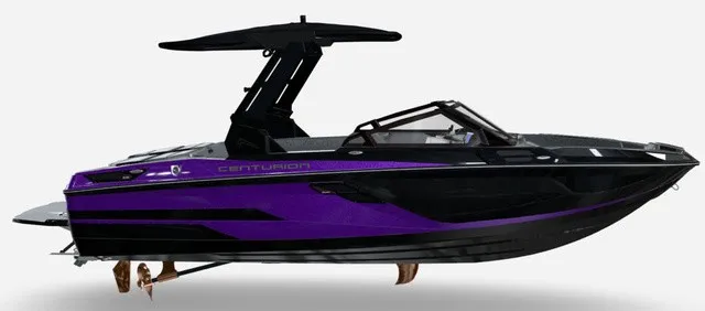 The Image of The image shows a modern Centurion Ri230 boat from 2027 with a black and purple design. - 1