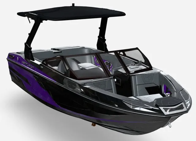 Slide: The Image of The image shows a modern Centurion Ri230 boat from 2027 with a black and purple design. - 6