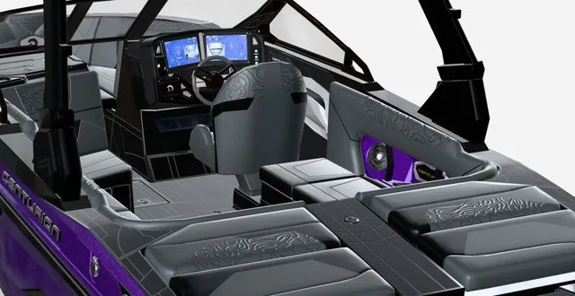 Slide: The Image of The image shows the interior of a 2027 Centurion Ri230 boat with modern seating and instruments. - 10