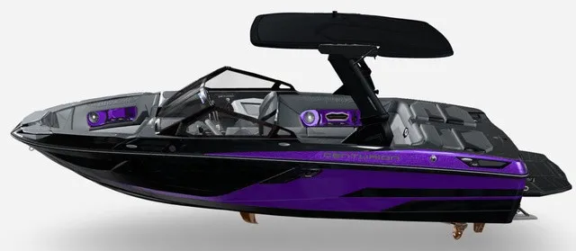 Slide: The Image of The image shows a modern Centurion Ri230 boat from 2027 with a black and purple design. - 2