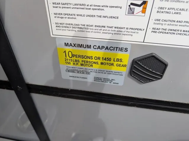 Slide: The Image of Safety and capacity labels on a boat, including maximum person and weight capacity. - 4