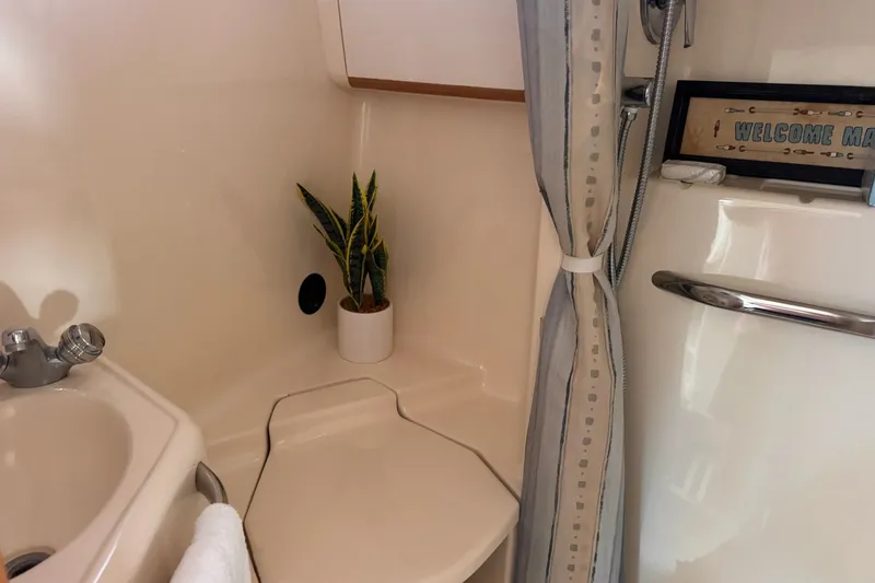 Slide: The Image of Bathroom interior of 1997 Sea Ray 450 Sundancer with plant and welcome sign. - 44