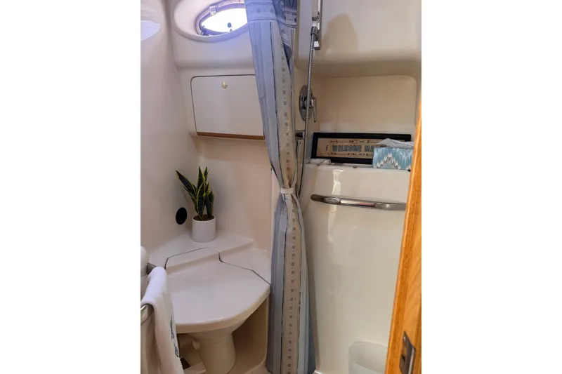 Slide: The Image of Bathroom interior of 1997 Sea Ray 450 Sundancer yacht with shower and plant decor. - 43