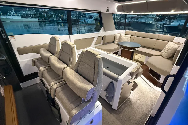 Slide: The Image of Luxurious interior of 2024 Axopar 45 XC Cross Cabin with plush seating and modern design. - 28
