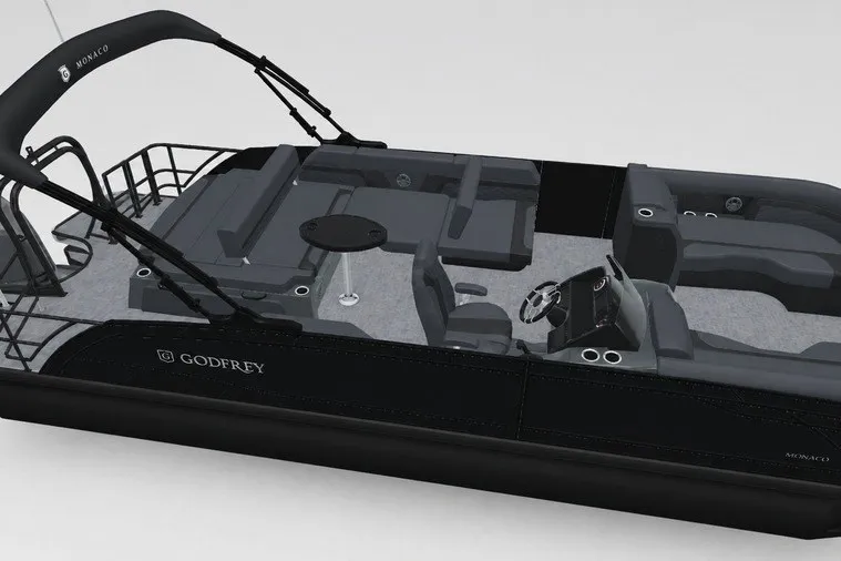 Slide: The Image of 2027 Godfrey Monaco 235 SFL pontoon boat with sleek black design and spacious seating. - 12