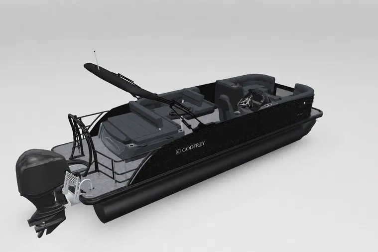 Slide: The Image of 2027 Godfrey Monaco 235 SFL pontoon boat with sleek black design and modern features. - 13