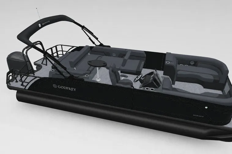 Slide: The Image of 2027 Godfrey Monaco 235 SFL pontoon boat with sleek black design and spacious seating. - 18