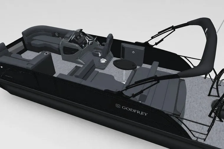 Slide: The Image of 2027 Godfrey Monaco 235 SFL pontoon boat with sleek black design and spacious seating. - 17