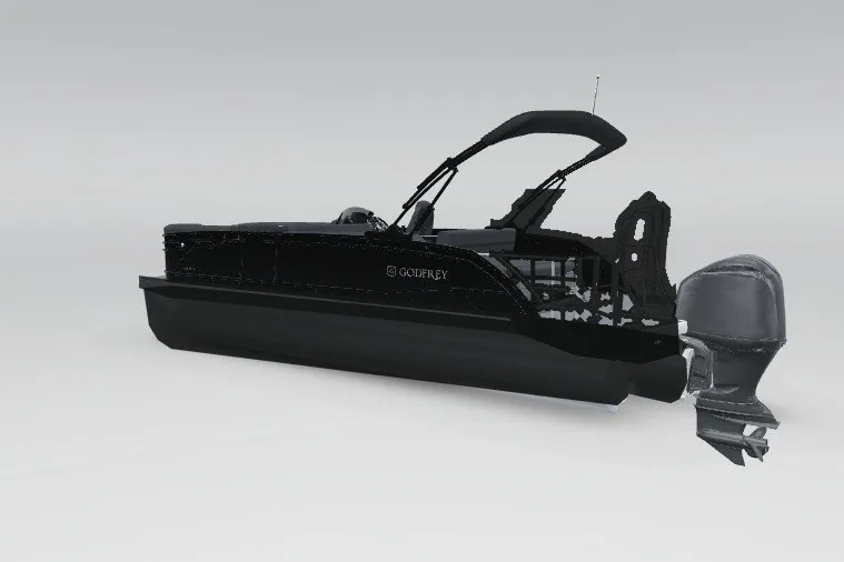 Slide: The Image of 2027 Godfrey Monaco 235 SFL pontoon boat with sleek black design and modern features. - 14