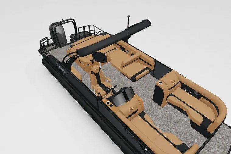 Slide: The Image of 2027 Godfrey Monaco 255 SFL pontoon boat with luxurious tan seating and sleek design. - 19