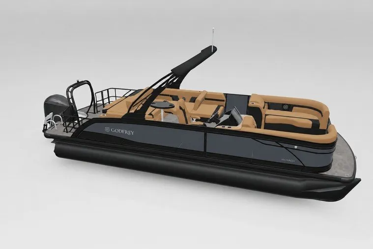Slide: The Image of 2027 Godfrey Monaco 255 SFL pontoon boat with sleek design and luxurious seating. - 12