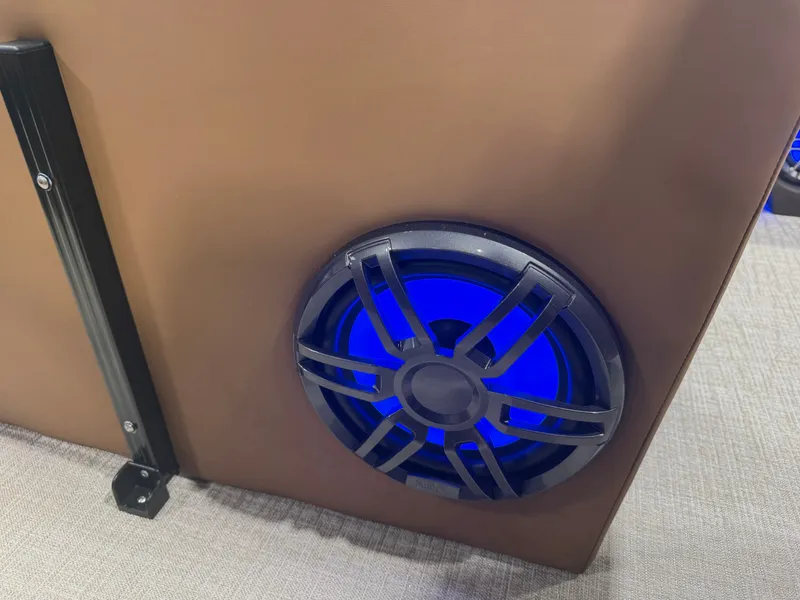 Slide: The Image of A speaker with blue lighting is embedded in a brown surface. - 25
