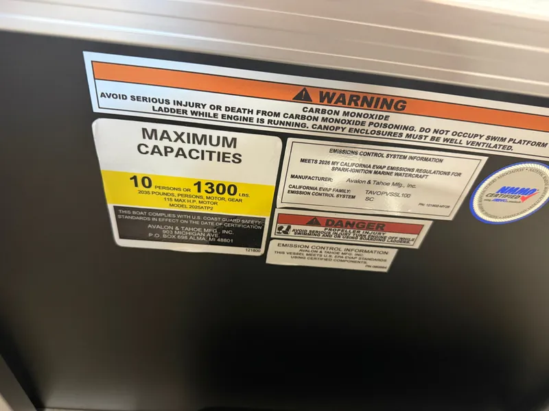 Slide: The Image of Warning labels and capacity information on a boat, including carbon monoxide risk and maximum occupancy. - 16