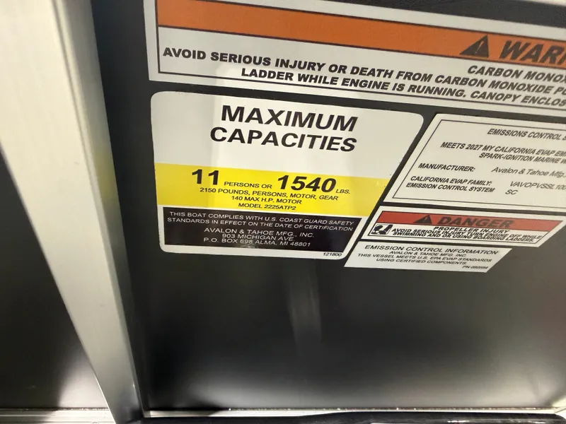 Slide: The Image of Sign shows maximum capacity: 11 persons or 1540 pounds. Warnings about carbon monoxide and safety. - 17