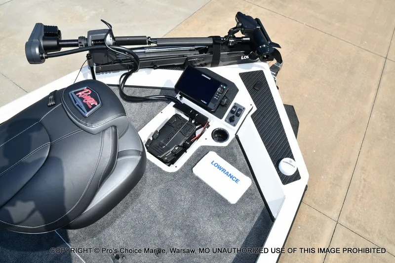 Slide: The Image of The image shows the cockpit of a Ranger RT198P boat with a Lowrance fish finder. - 43