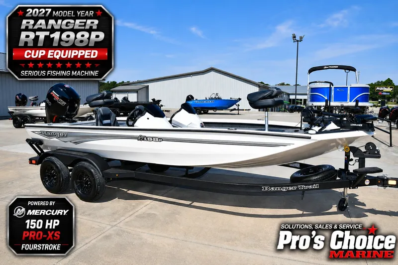 The Image of A white 2027 Ranger RT198P boat on a trailer, featuring a 150 HP Mercury engine. - 1