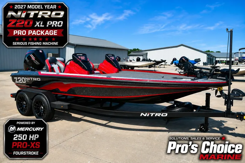 The Image of Nitro Z20 XL Pro 2027 in red and black on a trailer. It's a powerful fishing boat. - 1