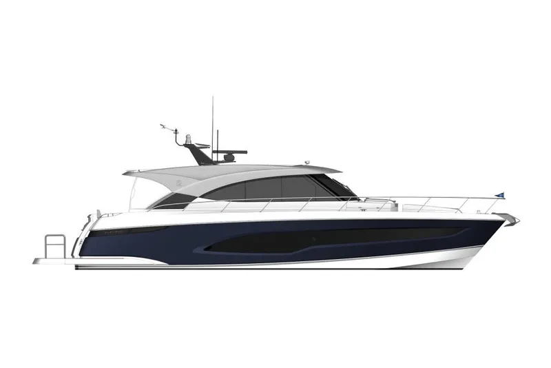 Slide: The Image of Manufacturer Provided Image: 2026 Riviera 5600 Sport Yacht Platinum Edition, sleek design, side view, luxury motor yacht. - 23