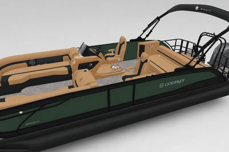 Slide: The Image of 2027 Godfrey Monaco 235 SFLC pontoon boat with tan and green interior design. - 18